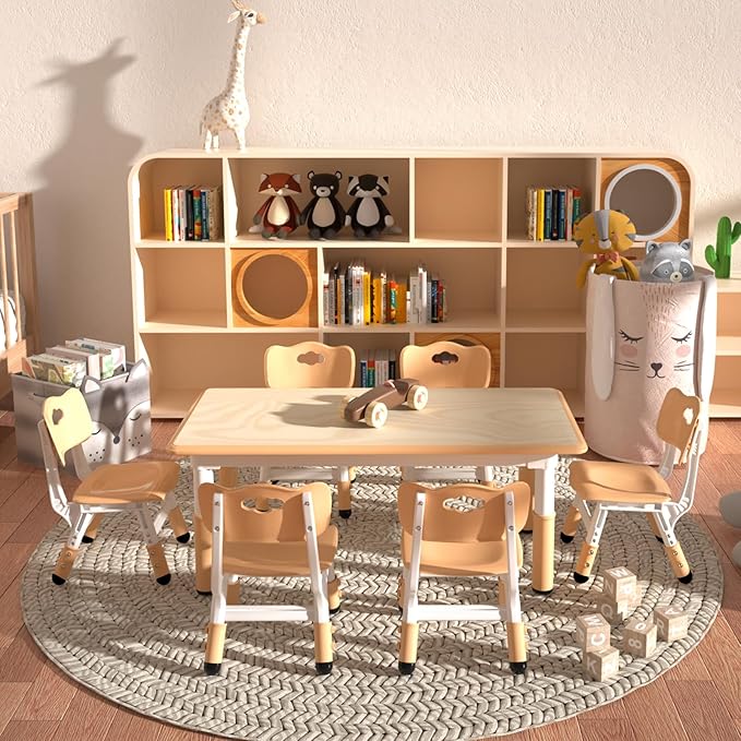 Kids Table and 6 Chairs Set，Height Adjustable Children Table & Chair，Toddlers Study Multi-Activity Table with 47.2"x23.6" Wipe-Clean Desktop，for Classrooms, Homes & Daycares