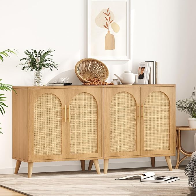 Rovaurx Set of 2 Rattan Storage Cabinet with Doors, Accent Bathroom Floor Cabinet, Modern Sideboard Buffet for Living Room, Entryway, Dining Room and Kitchen, Natural BMGZ108M02