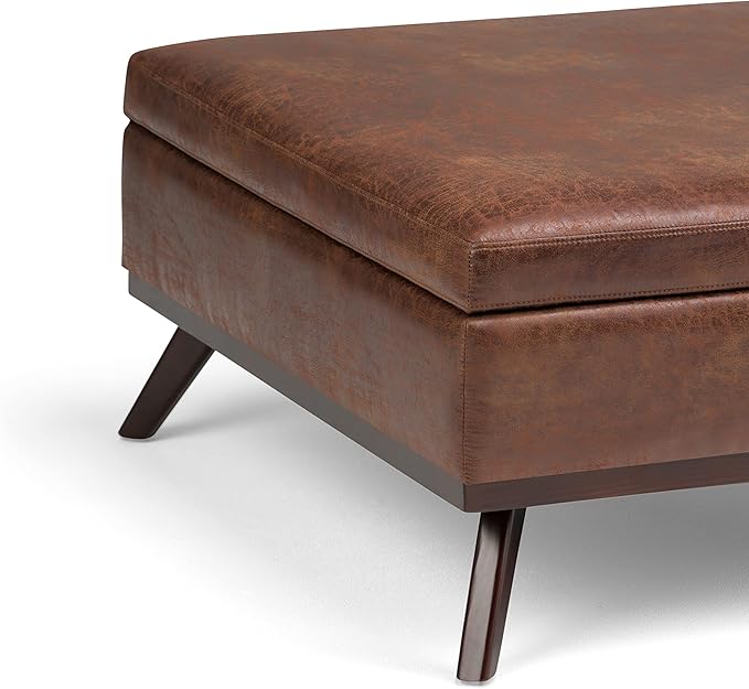 SIMPLIHOME Owen 36 inch Wide Mid Century Modern Square Coffee Table Storage Ottoman in Distressed Saddle Brown Vegan Faux Leather, Assembled, For the Living Room, Entryway and Family Room