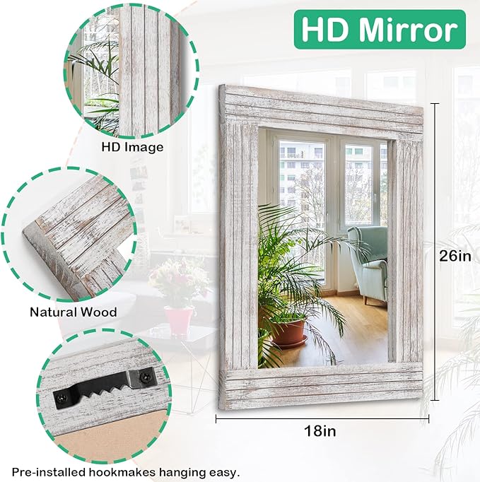Wall Mirror Rustic Wooden Frame Rectangle Mirror Vintage Hanging Mirror for Bedroom Bathroom Living Room Farmhouse Wall Decor Large 26" x 18"