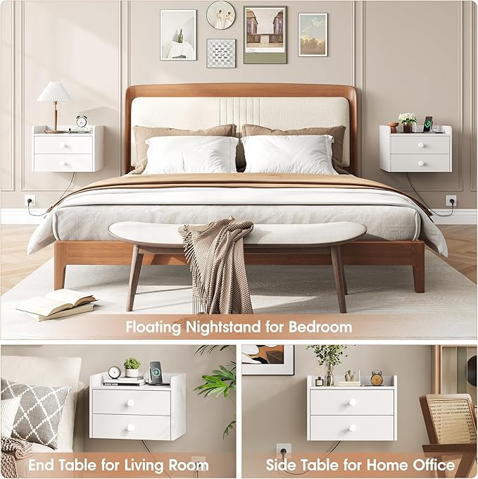 Floating Nightstand Set of 2 with 2 Storage Drawers and Charging Station Wood Wall Mounted Bedside End Table Modern Night Stands Set 2 for Bedroom,Small Space,White