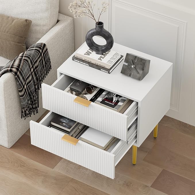 Set of 2 Nightstand, White Mid Century Modern Night Stand with Fluted Panel, Bedside Table with 2 Drawer, Large NightStand with Gold Leg for Bedroom