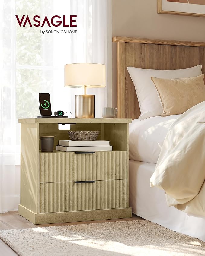 VASAGLE MAXE Collection - Set of 2 Nightstands with Charging Station, Bedside Table, Side End Table with 2 Drawers, Open Shelf, 2 AC Outlets, 2 USB Ports, Transitional, Bedroom, Oak Beige ULET926Y01