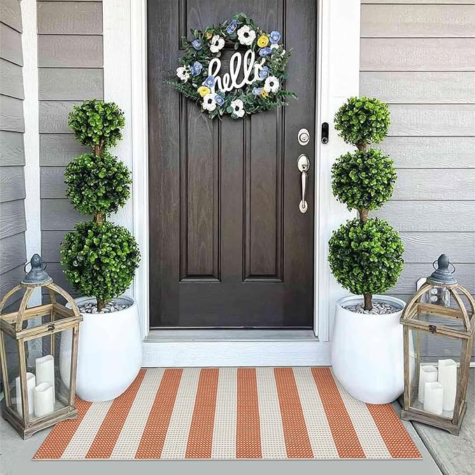 OJIA Fall Front Door Rug 24"x51" Halloween Doormat Striped Rug Cotton Woven Checkered Carpet Washable Front Door Mat Outdoor Small Area Rug for Porch Kitchen Entryway Patio Bathroom (Orange/White/Tan)