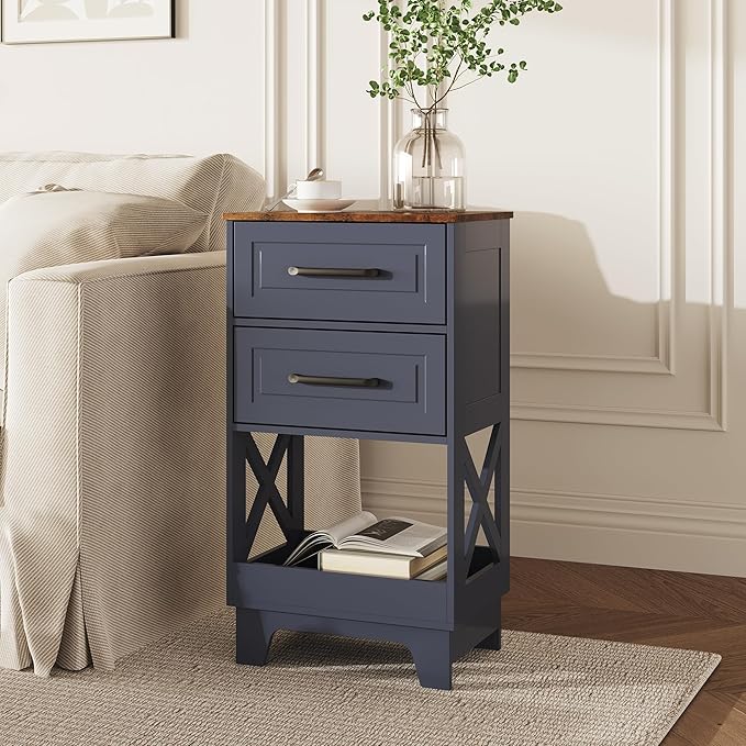 Tall Nightstand Set of 2 Side Table with 2 Drawers Modern Night Stand Wooden Rustic End Table Bedside Table with Below Open Shelf Solid Feet for Bedroom, Living Room, Navy Blue+Walnut