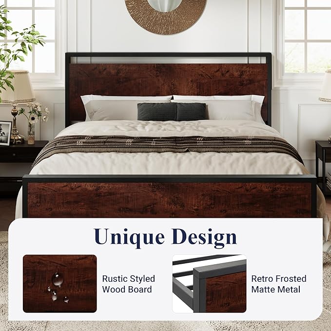 Allewie Full Size Platform Bed Frame with Wooden Headboard and Footboard, Heavy Duty 12 Metal Slats Support, No Box Spring Needed, Under-Bed Storage, Noise Free, Easy Assembly, Mahogany