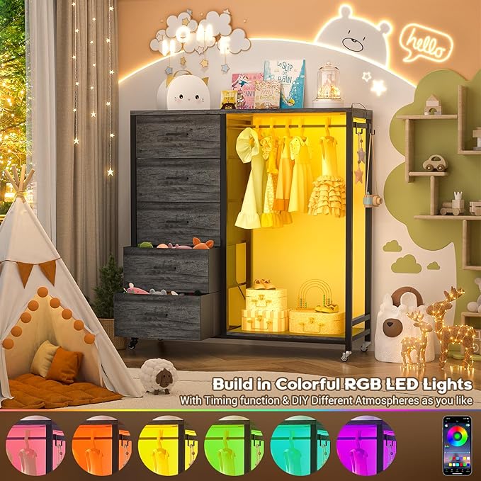 Cyclysio Dresser for Bedroom with Clothes Rack, 5 Fabric Drawers Dresser with Charging Station & LED Lights, Tall Storage Chest of Drawers with Wheels, Wooden Top, Lockable Wheels, Closet, Grey