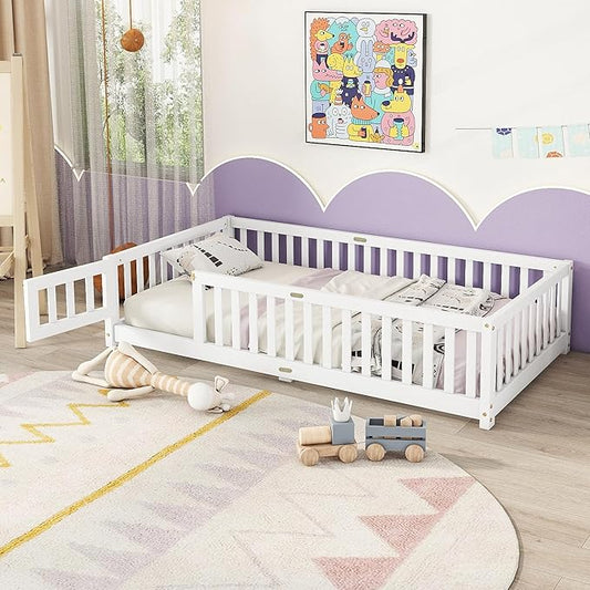 Twin Floor Bed Frame with Slats and Safety Guardrail, Wood Twin Size Montessori Floor Bed with Door and Fence, Easy Assemble Montessori Beds for Kids, Girls, Boys, White