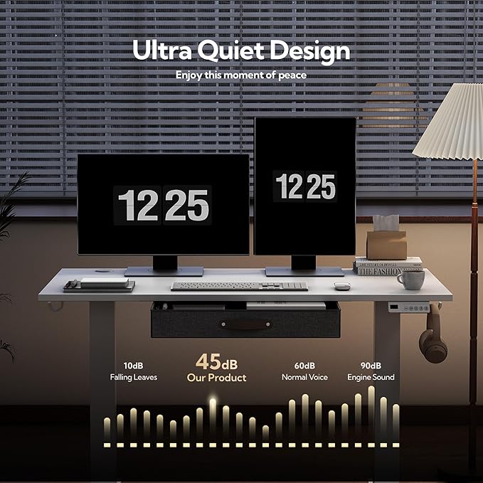 Seang Standing Desk with Drawer, 48" x 24" Height Adjustable Stand Up Desk, 3 Memory Height Settings with Cable Grommets & Storage Hooks, Ideal for Home & Office, White