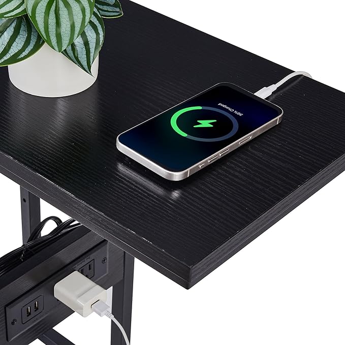 VECELO C Shaped End Side Table with Charging Station & Power Outlets for Couch Sofa/Bed, Snack TV Tray with Metal Frame for Living Room Bedroom 2 Set, Black