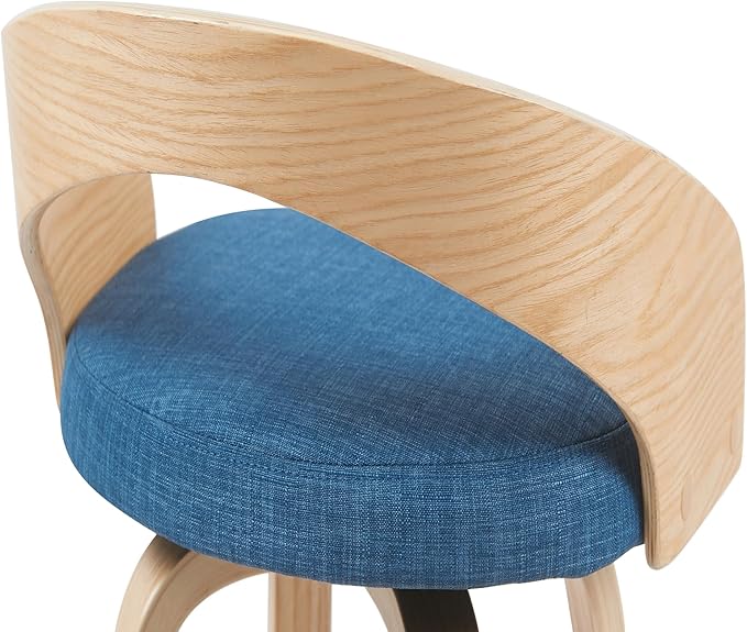 Sonia Modern Swivel Counter Height Bar Stool with Blue Upholstered Seat and Patterned Oak Wood Finish Set of 4