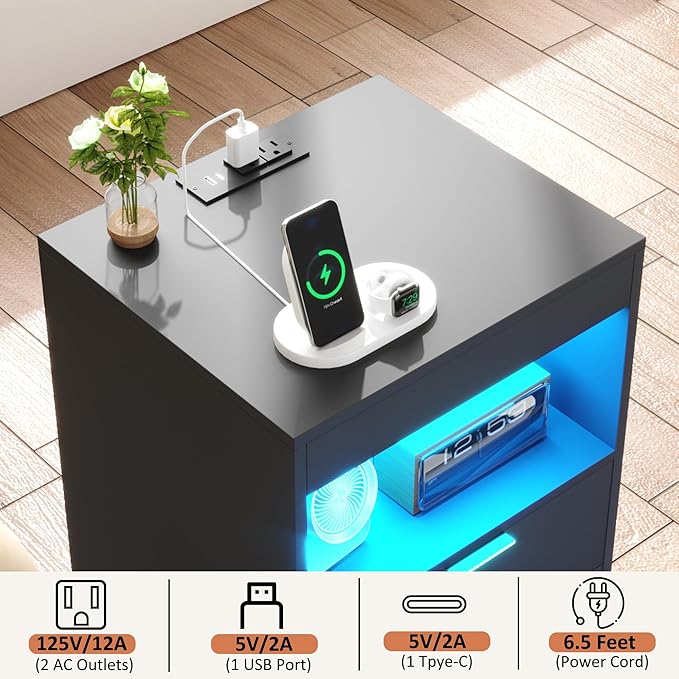 Gadroad LED Nightstand with Charging Station, Bedside Table with 3 Drawers and LED Lights, End Table Sofa Couch Side Table with Pull-Out Shelf, Black