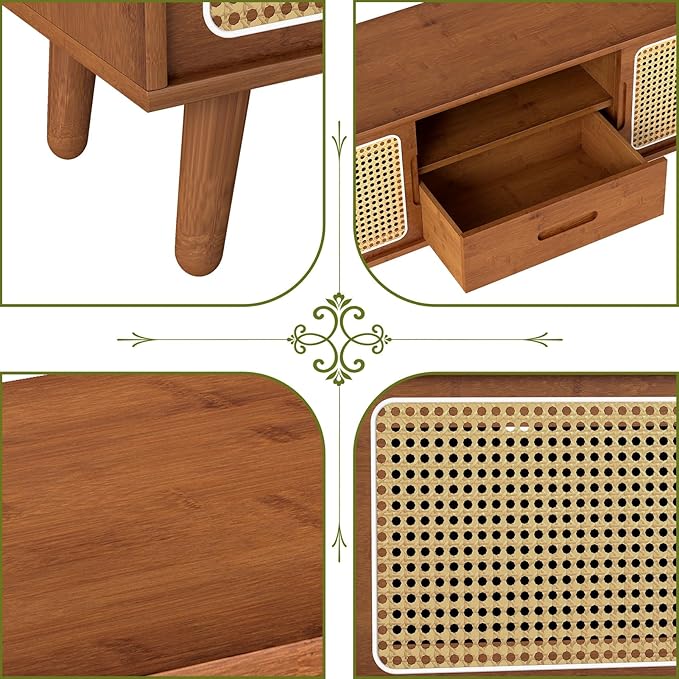 HollyHOME Bamboo TV Stand with Storage for TVs up to 65", Modern Entertainment Center with Rattan and Drawer, Accent TV Table with 2 Shelf, Media Console Cabinet for Living Room, Bedroom, Walnut