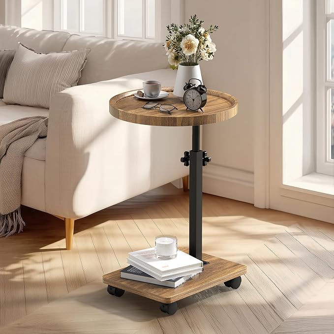 PPAMAPIC C Shaped End Table Adjustable Height, 360°Swivel TV Tray Table for Small Spaces, Side Table for Living Room, Couch Tables That Slide Under for Sofa Bed Chair