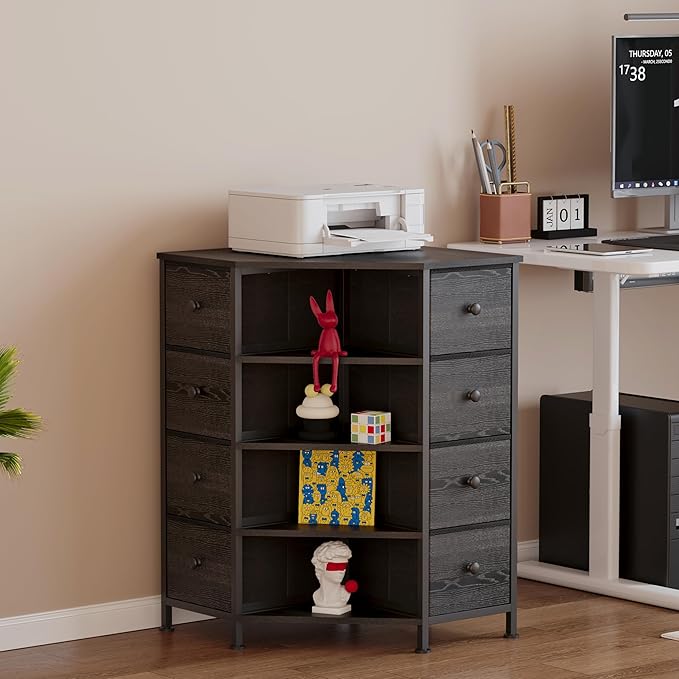 LUMTOK 8 Drawers Corner Dresser with Storage Fabric Drawers and Open Shelves for Small Space，Bedroom，Entryway，Living Room (Black Wood Veins)