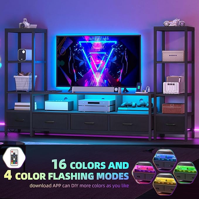 DWVO Entertainment Center with Bookshelves, LED TV Stand for 65/60 inch TV, Black TV Stand for Living Room with 2 Modern 4-Tier Bookshelves & Power Outlets, Black