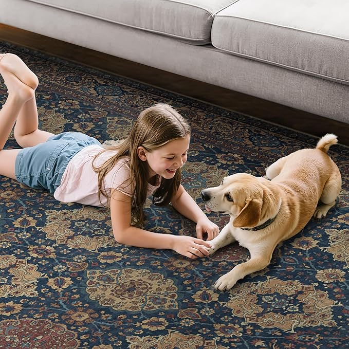 8X10 Area Rugs Machine Washable Rugs for Living Room, Vintage Boho Large Rugs for Bedroom Dining Room, Non Slip Indoor Soft Distressed Lightweight Thin Low Pile Carpet, Navy Tan