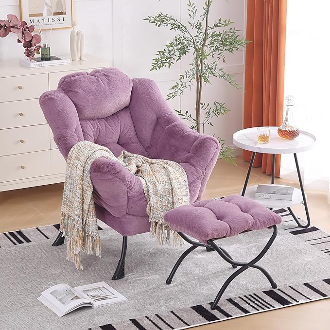 Oversized Chair with Ottoman, Modern Chair with Folding Footrest, Lounge Accent Chair, Comfortable Reading Chair for Bedroom, Study, Living Room, Courtyard (Plush Purple)