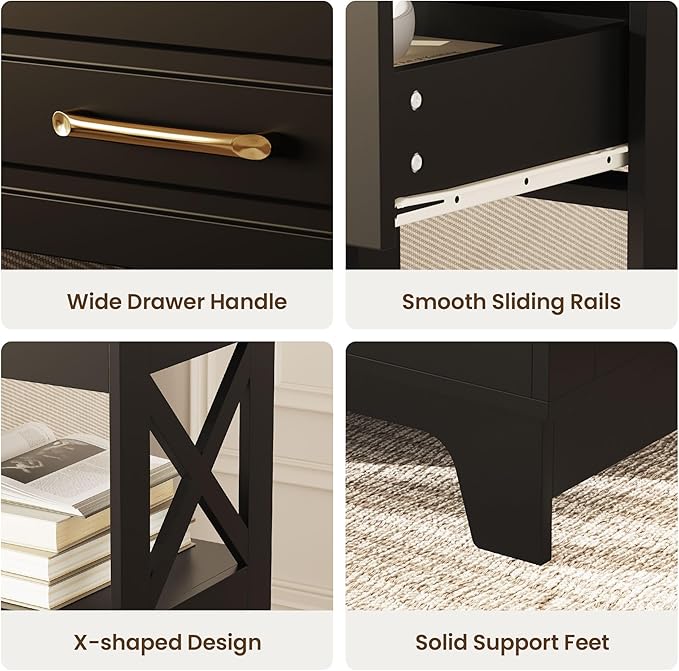 Tall Nightstand Set of 2 Side Table with 2 Drawers Modern Night Stand Wooden End Table Bedside Table with Upper Open Shelf Solid Feet for Bedroom, Living Room, Black