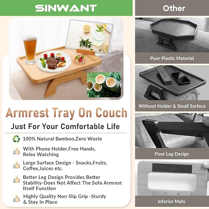 SINWANT Couch Arm Tray Table, Large Bamboo Couch Armrest Table with Phone Holder,Foldable Sofa Armrest Tray for Eating Snacks Drinks Remote Books Arm Chair