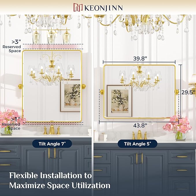 Keonjinn Large Pivot Mirror Bathroom, 40 x 30 Inch Beveled Tilt Mirror Bathroom, Gold Metal Framed Mirrors with Rounded Corner, Modern Rectangle Vanity Mirrors for Wall (Horizontal/Vertical)