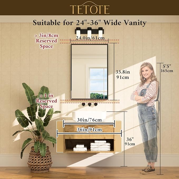 TETOTE Black Mirror for Bathroom Sink 24" x 36" Matte Black Beveled Metal Frame Bathroom Vanity Rectangle Mirror for Wall, Modern Farmhouse, Tempered Glass, Shatterproof, Stronger Frame