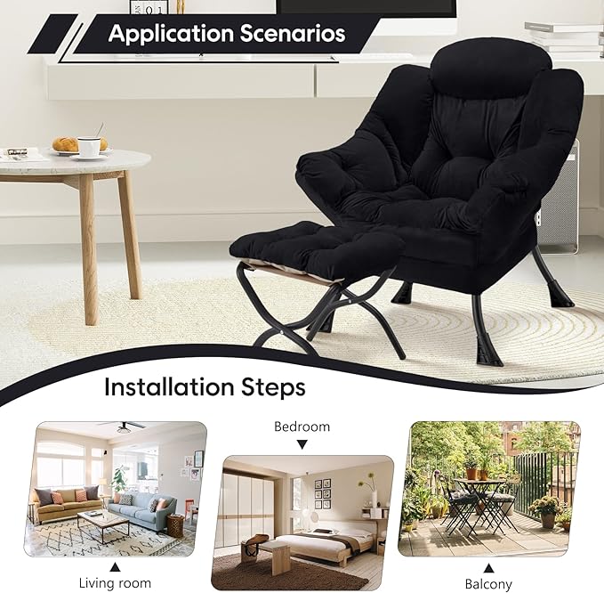 Lazy Chair with Folding Ottoman Modern Large Accent Chair,Contemporary Lounge Leisure Sofa Chair with Armrests Upholstered Sofa Armchair Reading Chair for Bedroom,Dorm & Office(Black-f)