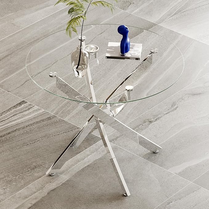 Glass Dining Table, Modern Kitchen Table 36" Small Round Dining Table for Apartment Kitchen Dining Room,Tempered Glass Table Top