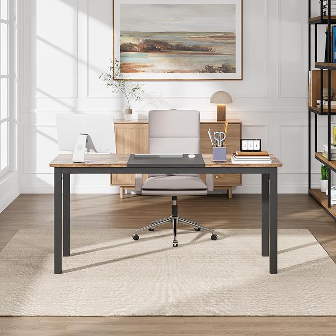 GarveeHome 63 Inch Computer Desk, Modern Office Desk with Metal Frame, Large Gaming Desk, Sturdy Writing Workstation for Study, Home, Office, 23.6" D x 63" W, Black and Brown