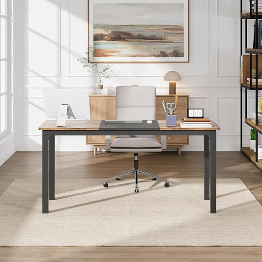 GarveeHome 63 Inch Computer Desk, Modern Office Desk with Metal Frame, Large Gaming Desk, Sturdy Writing Workstation for Study, Home, Office, 23.6" D x 63" W, Black and Brown