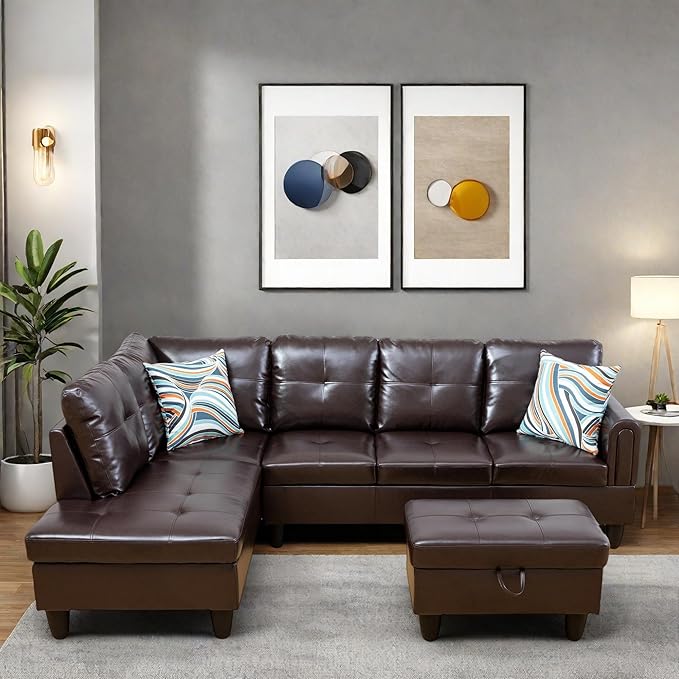 L Shaped Sectional Couches, Modular Sectional Modern Sofa for Living Room Bedroom Furniture, Comfy 4 Seat Couch with Ottoman Storage & Chaise, Brown