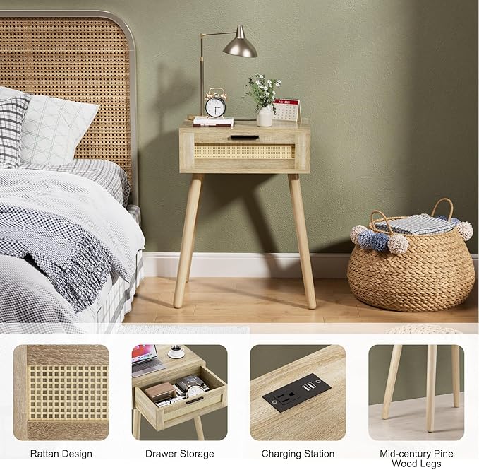 HAIOOU Nightstand with Charging Station Rattan Drawer, Mid Century Modern Side Table, End Beside Table with Pine Wood Legs Storage for Bedroom Living Room