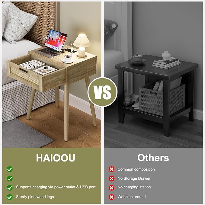 HAIOOU Nightstand with Charging Station Rattan Drawer, Mid Century Modern Side Table, End Beside Table with Pine Wood Legs Storage for Bedroom Living Room
