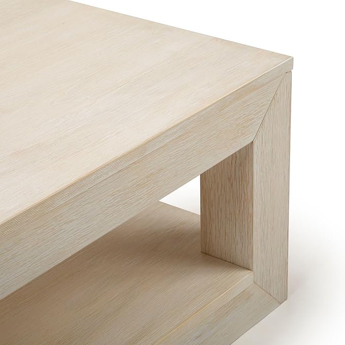Plank+Beam Modern Rectangular Coffee Table with Shelf, 48", Solid Wood Center Table with Storage, 2 Tier Tea Table for Living Room, White Sand Wirebrush