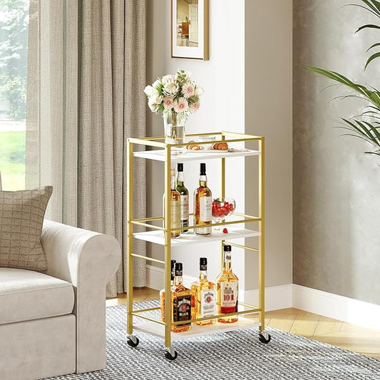 Bar Cart for The Home, 3-Tier Drink Cart on Wheels, Home Bar Serving Cart, Mini Bar Cart for Small Space, Rolling Kichen Carts for Bar, Kitchen, Dining Room, Gold RCJW4001