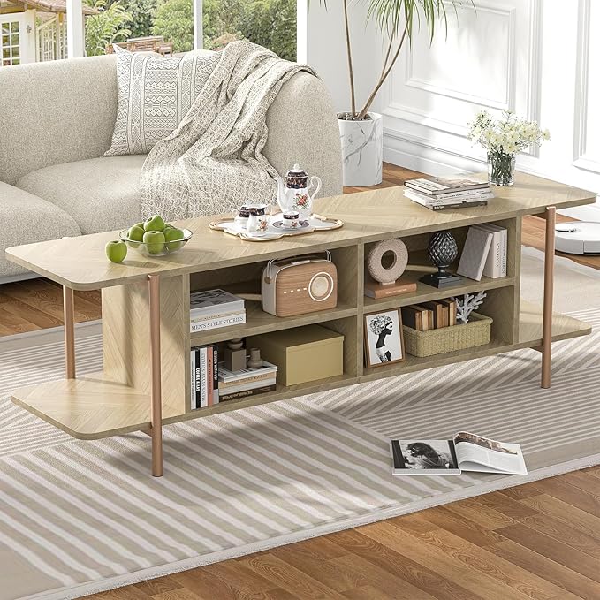 Giluta TV Stand for TV up to 75 Inch, Wood TV Cabinet with Open Storage, Entertainment Center TV Console Table, Coffee Table for Living Room (Light Oak)