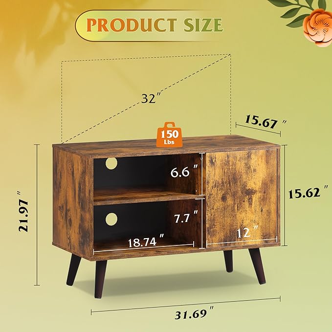 WLIVE TV Stand for 40 Inch TVs, Small Entertainment Center with Storage Cabinet, Mid-Century Modern TV Stands for Living Room and Bedroom, 32" TV Console, Brown