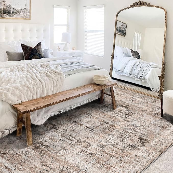 GENIMO 6x9 Area Rugs for Living Room, Machine Washable Non Slip Vintage Retro Rugs, Low Pile Lightweight Thin Print Rug for Bedroom, Dining Room, Home Office, Brownishi Drab