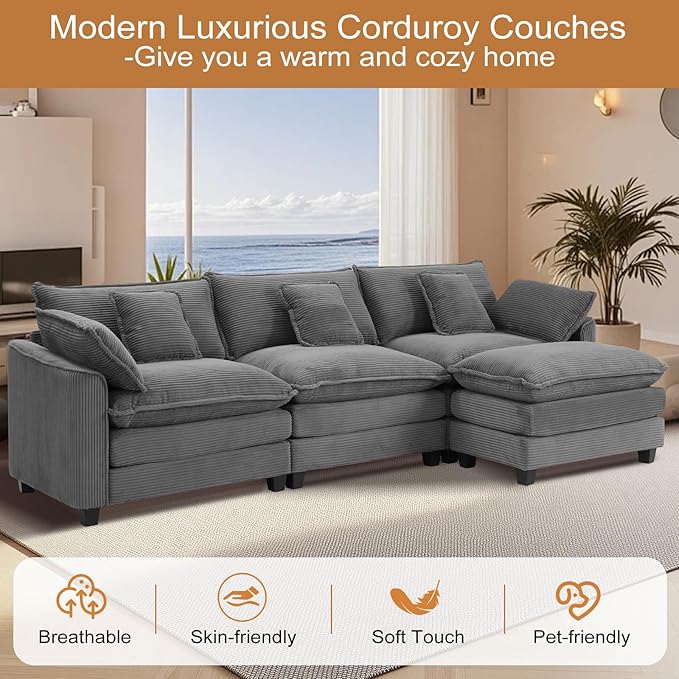 Furniliving 117‘’ L-Shaped Sofa, Luxury Corduroy Modular Sectional Couches with Ottoman, Upholstered Deep Seat Sleeper Sofa with Memory Foam and Waist Pillows, Grey