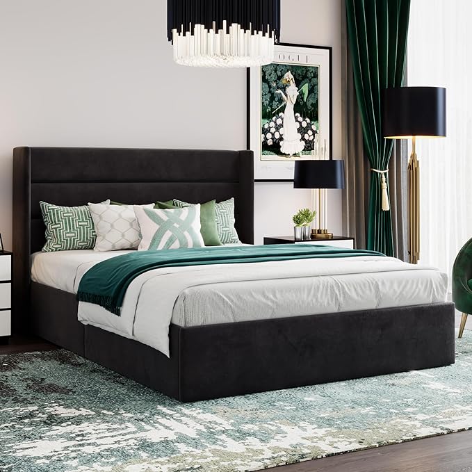 SHA CERLIN Queen Size Lift Up Storage Bed/Velvet Upholstered/Modern Wingback Headboard/Upholstered Platform Bed Frame/Hydraulic Storage/No Box Spring Needed/Black