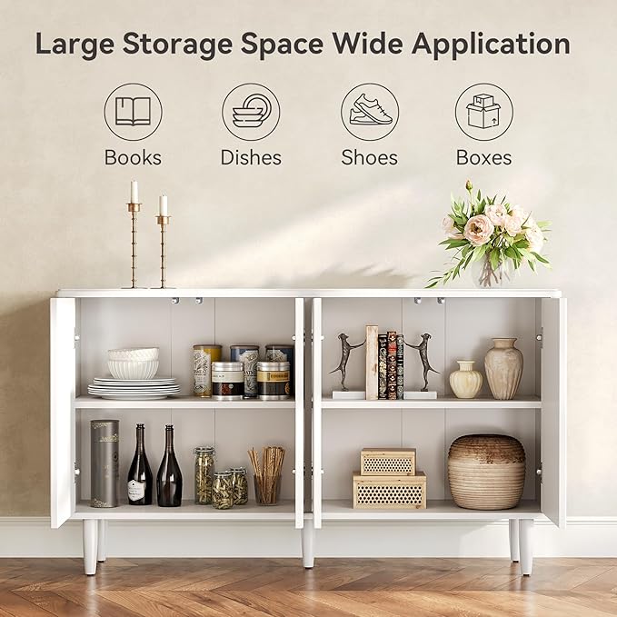 LITTLE TREE 59-Inch Buffet Cabinet Sideboard with Storage, Modern Sideboard Buffet Table with Doors for Living Room, Dining Room (White)