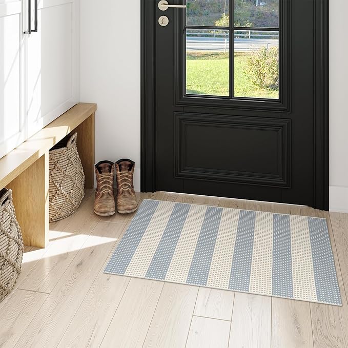 OJIA Front Door Mats Outdoor 24"x36" Machine Washable Indoor Outdoor Rugs Doormat Cotton Woven Entry Rug Striped Small Area Rugs for Front Porch/Bathroom/Farmhouse/Home Entrance (Blue/White/Tan)