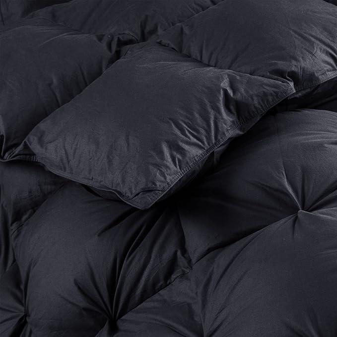 Luxurious All-Season Goose Down Feather Fiber Comforter Queen Size Duvet Insert, Exquisite Black Pinch Pleat Design, Premium Baffle Box, 100% Egyptian Cotton Cover, 65 oz. Fill Weight, Black