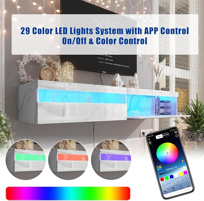 Floating TV Stand with Led Lights, 71 inch Wall Mounted TV Shelf with Power Outlet, Modern Entertainment Center Media Console with Storage Cabinet, Up to 80 Inch TVS, White Slate