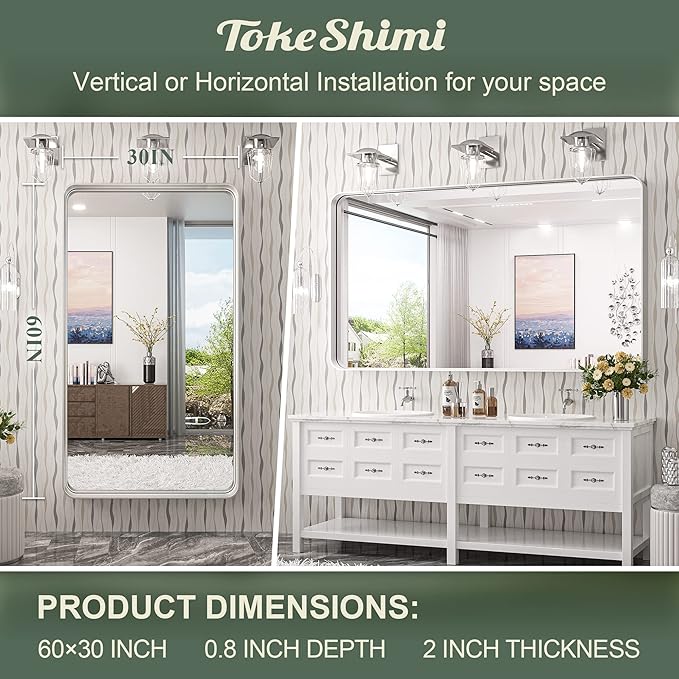 TokeShimi 60 x 30 Inch Wall Mirror for Bathroom Brushed Silver Metal Frame Decorative Rectangular Wall Mounted Home Decor Corner Hangs Farmhouse Mirror (Horizontal/Vertical)