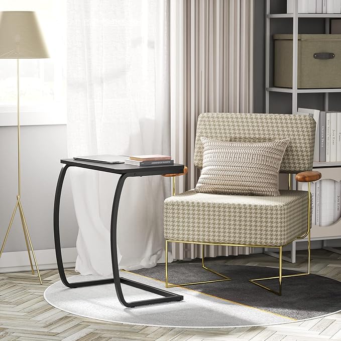 SRIWATANA Side Table, End Table, Vintage C-Shaped Couch Table for Sofa Laptop Coffee Snack, Black