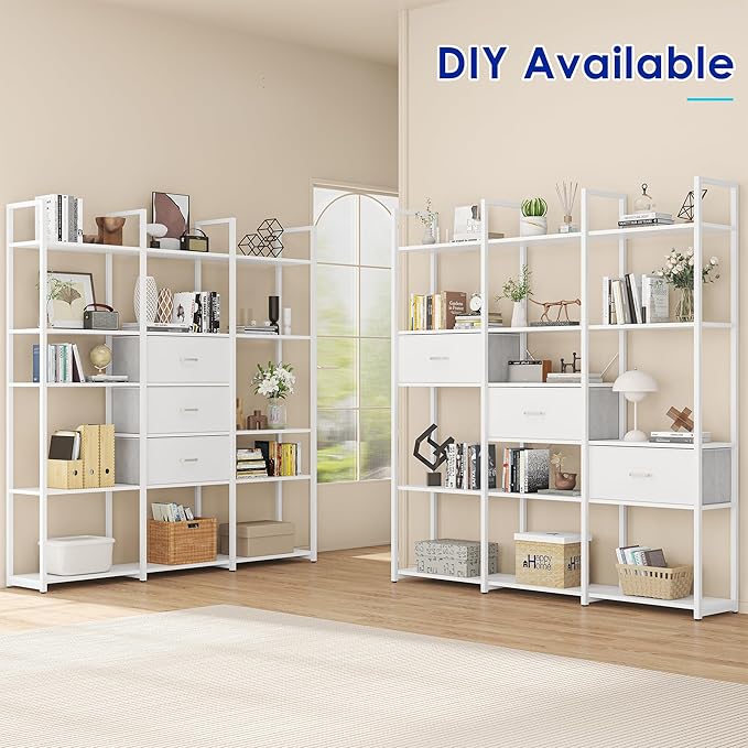 73.6" Tall Bookshelf with 3 Drawers and 16 Storage Shelves, Industrial Bookcase with 16 Open Display Shelves, Large Etagere Bookshelf, Triple Wide Book Shelf Book Case for Home & Office, White