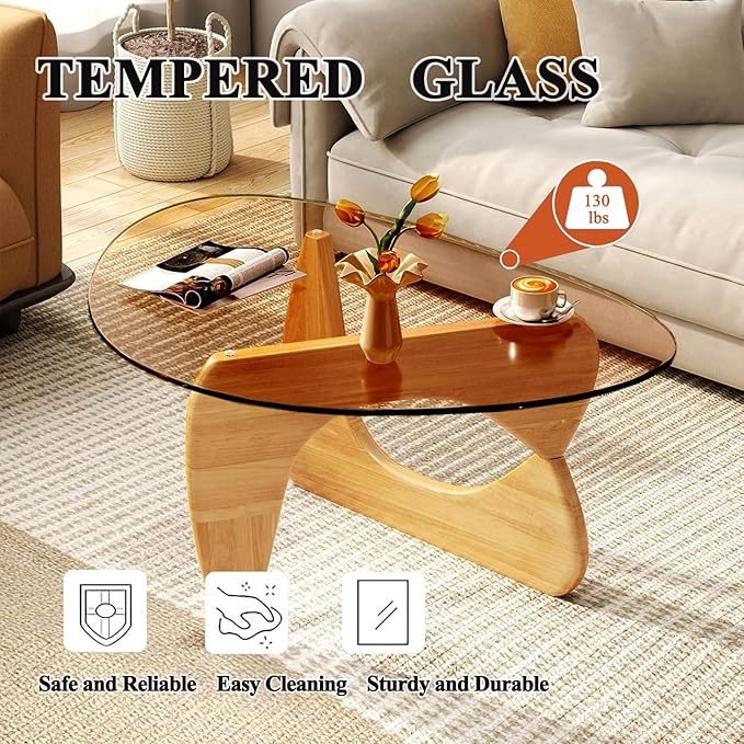 Mid Century Modern Glass Coffee Table, Coffee Table for Living Room, Elegant and Functional Coffee Tables,Suitable for Bedroom Living Room Reception Office Tables（Wood/Brown，Large）