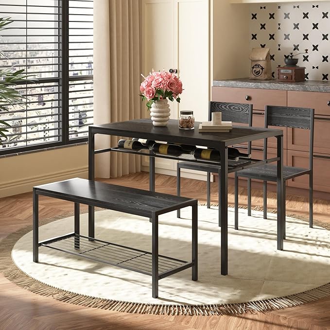 VECELO Kitchen Dining Room Table with 2 Chairs & Bench, Compact Space-Saving Design, Easy Assembly Steel Frame, Perfect for Small Apartments & Breakfast Nooks，Industrial