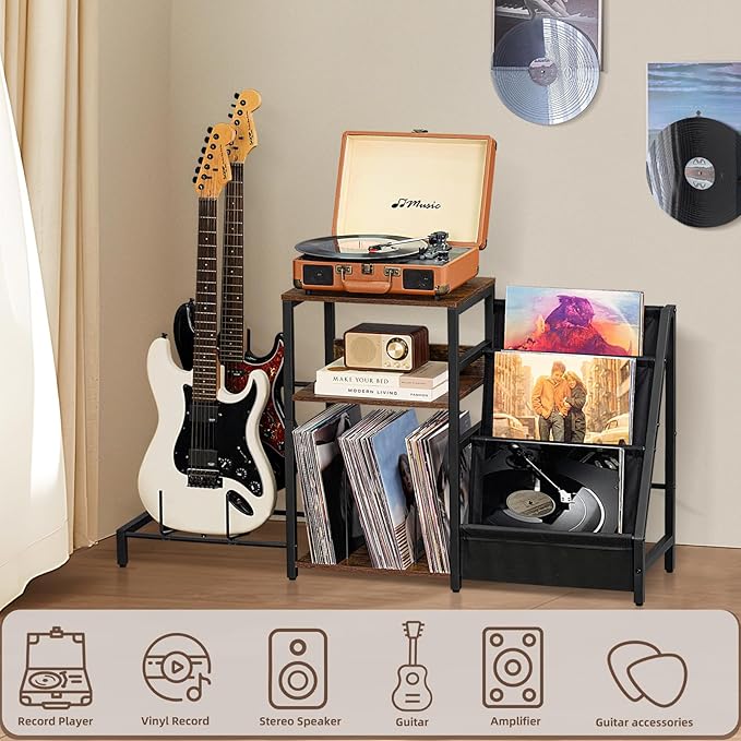 LELELINKY Record Player Stand, Adjustable Guitar Stand for Acoustic Guitar, Electric Guitar, Bass, Turntable Stand with Vinyl Display Shelf Storage Up to 150 Albums,Brown End Table for Music Room